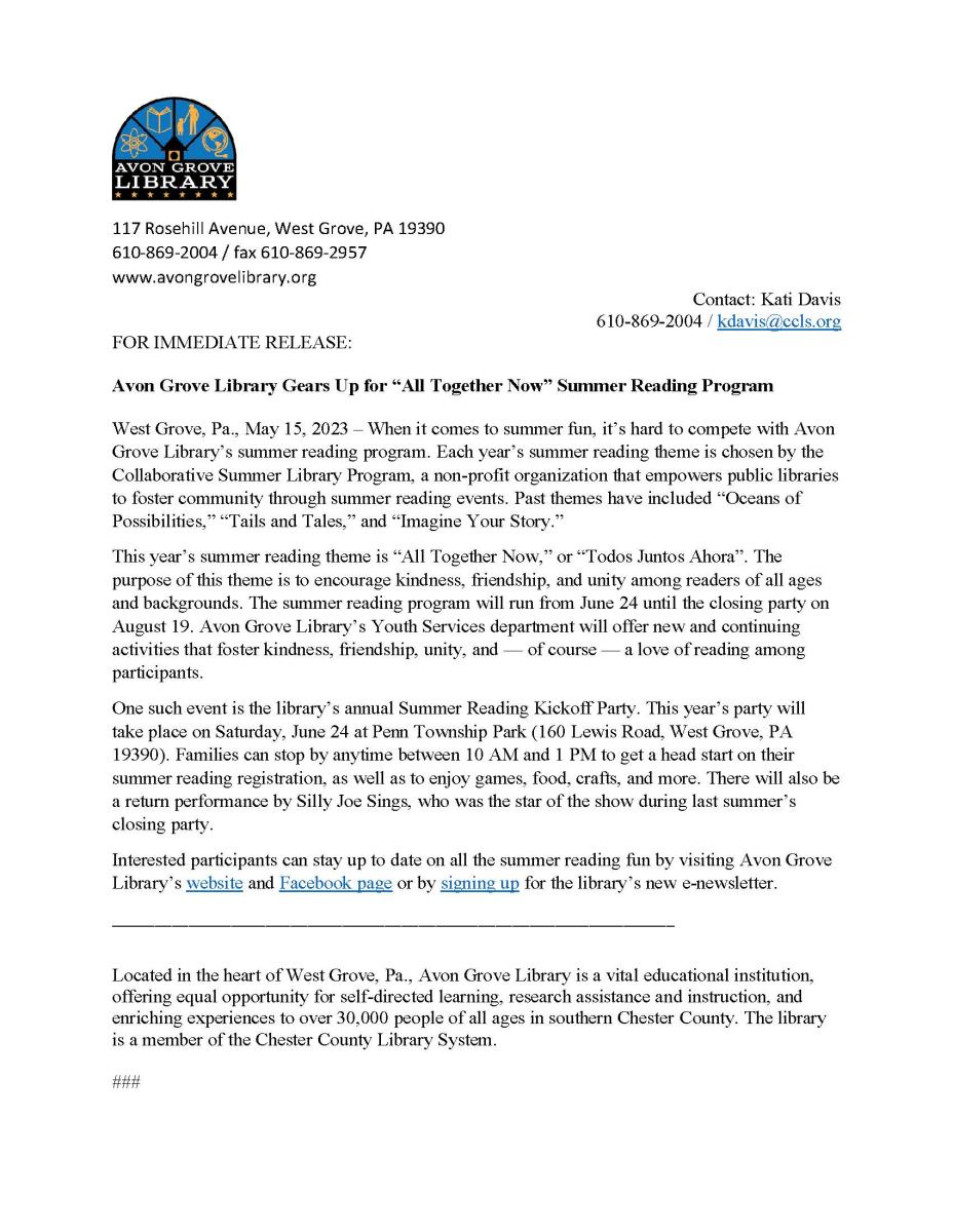 Avon Grove Library Press Release - May 15, 2023