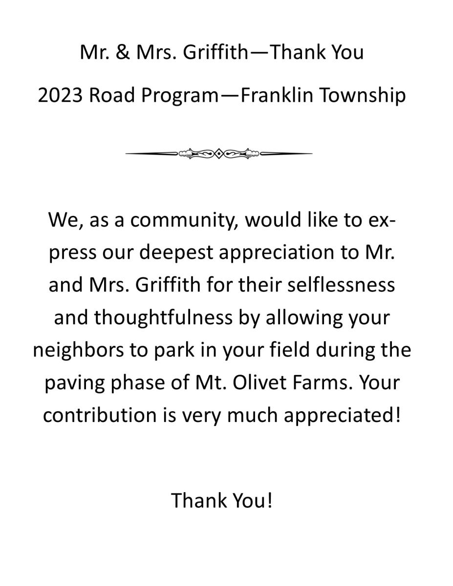 Mt. Olivet Farms - Mr. &amp; Mrs. Griffth - Thank you
